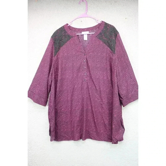 Catherine's Tops - Catherine's Purple and Black Tunic-3/4 Sleeves-Size 2X-Lace-Herringbone